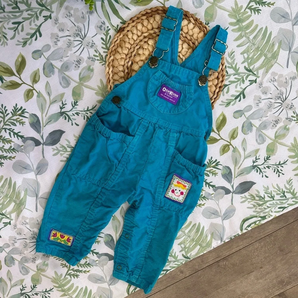 Vintage OshKosh Toddler girl Patchwork Textured Overalls Made USA Dolly Flower